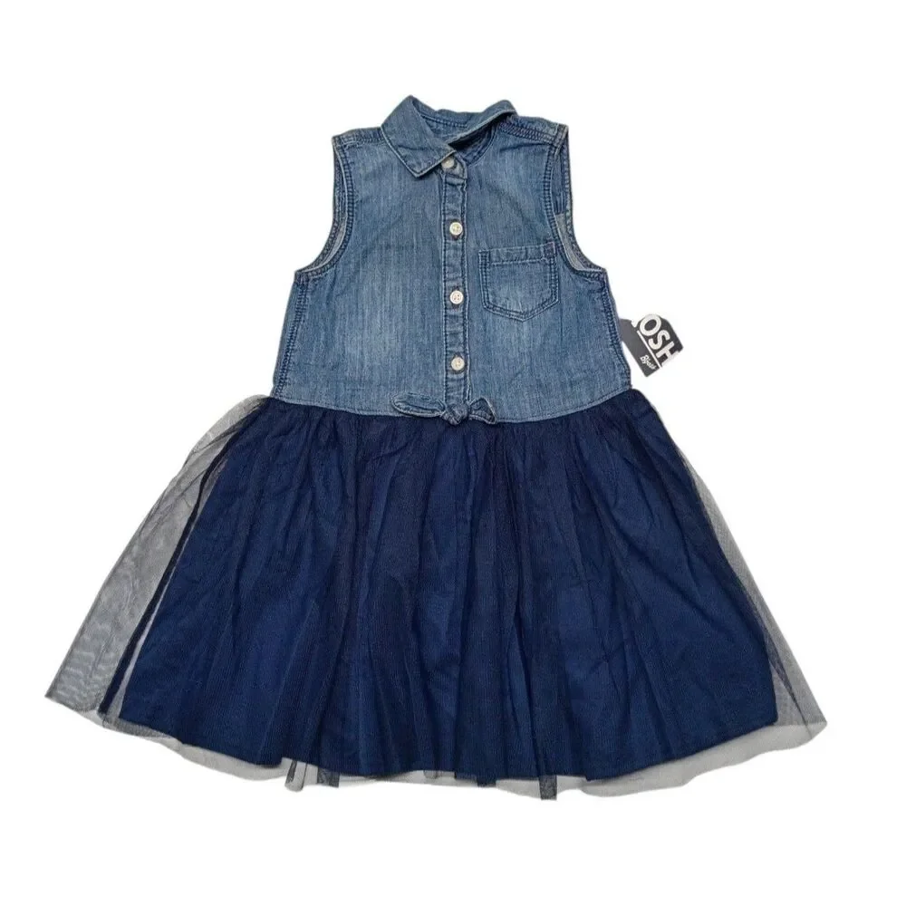 Oshkosh Navy Blue Dress Toddler SZ 2T Fit n Flare Denim & Layered Tulle NWT